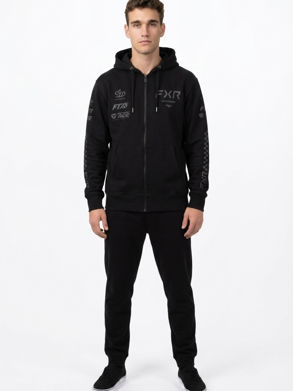FXR Men's Black Full-Zip Hoodie with Subtle Racing Logos